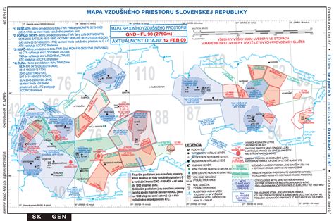 Mapa vzdušného priestoru Slovenska s vyznačenými letovými koridormi