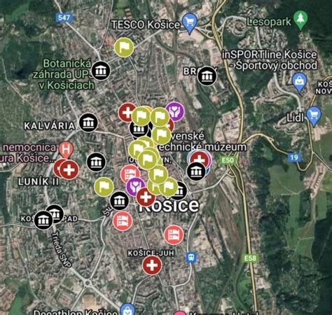 Mapa Košíc s vyznačenými univerzitami a kultúrnymi pamiatkami
