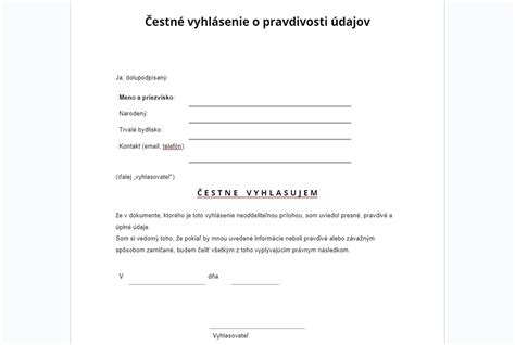 Vzor formulára čestného vyhlásenia