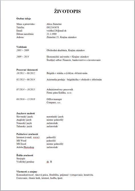 Štruktúra životopisu pre absolventov