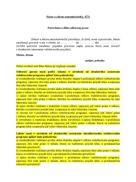 Vzor potvrdenia o dĺžke pedagogickej praxe