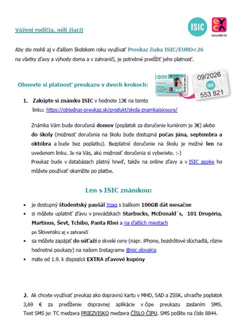 Schéma služieb dostupných cez ISIC preukaz